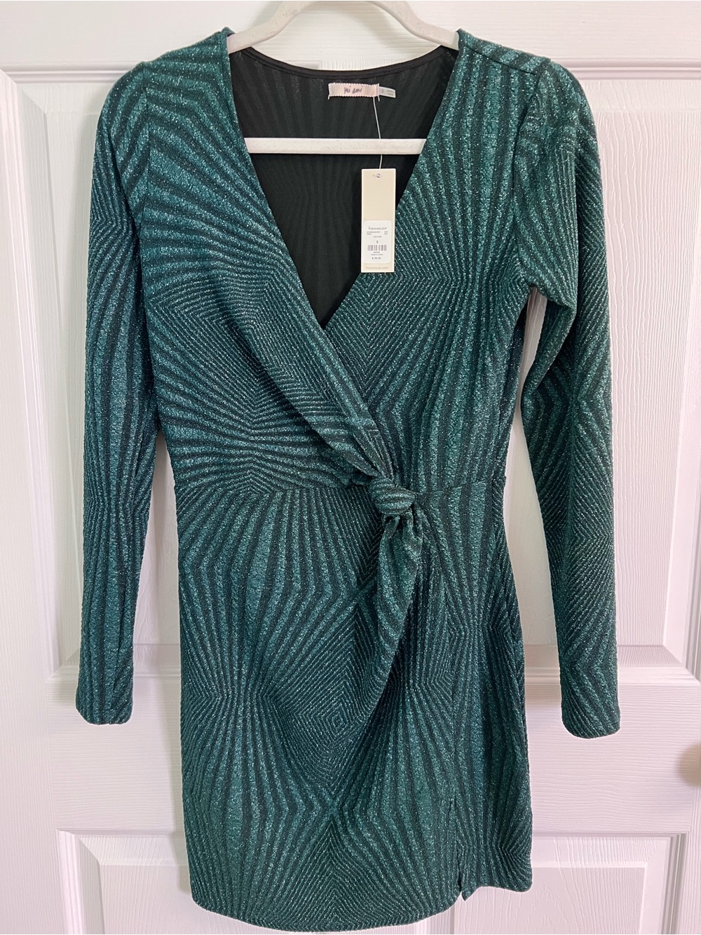 Francesca's Collections Teal Metallic Wrap Long-Sleeve Dress